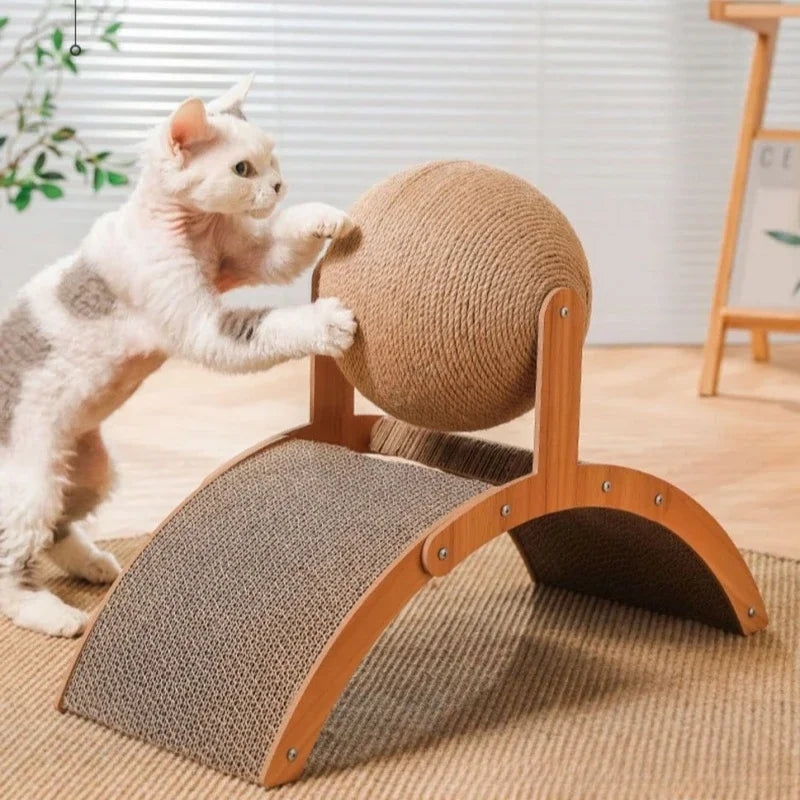 Griffoir Chat 2 en 1 Boule Sisal & Bois Massif - Anti-Griffures