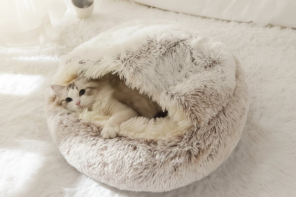 Nid Douillet en Peluche Semi-Fermé pour Chat et Petit Chien - Hiver