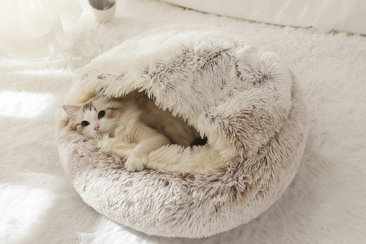 Nid Douillet en Peluche Semi-Fermé pour Chat et Petit Chien - Hiver