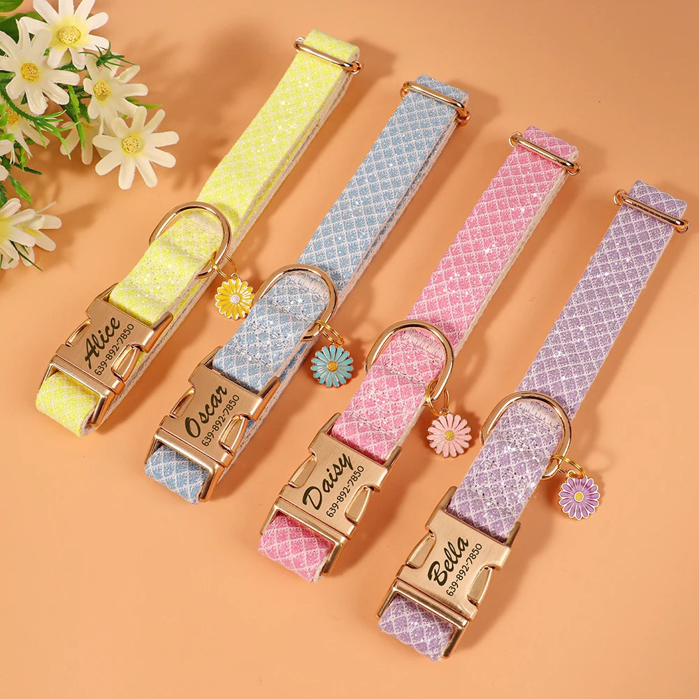 Collier Chien Personnalisé Gravé avec Nom - Nylon Fleur Bling