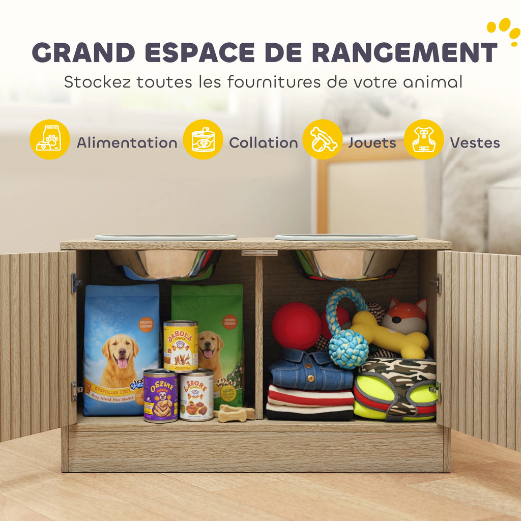 Meuble Gamelles Surélevées pour Grand Chien avec Rangement 40L