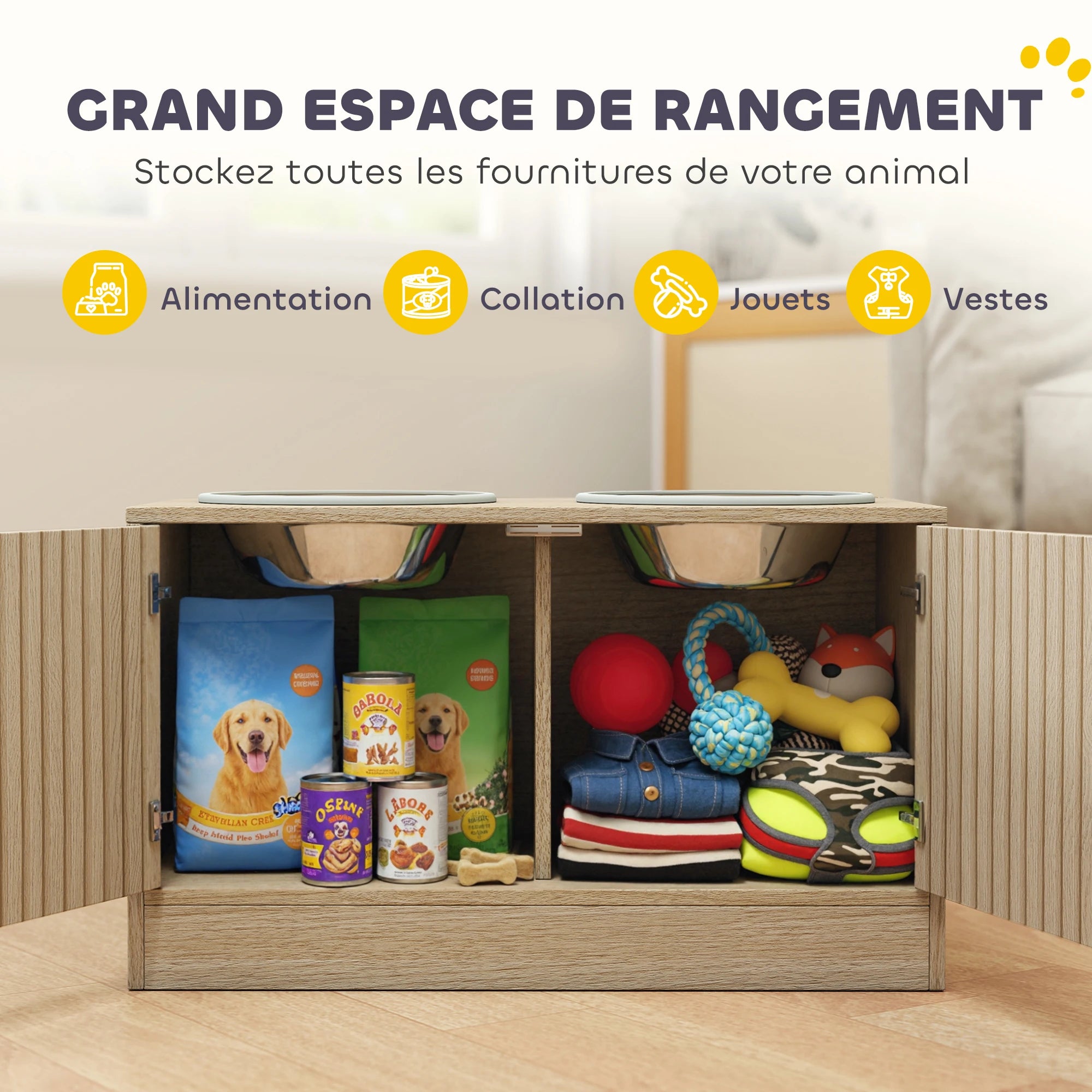 Meuble Gamelles Surélevées pour Grand Chien avec Rangement 40L