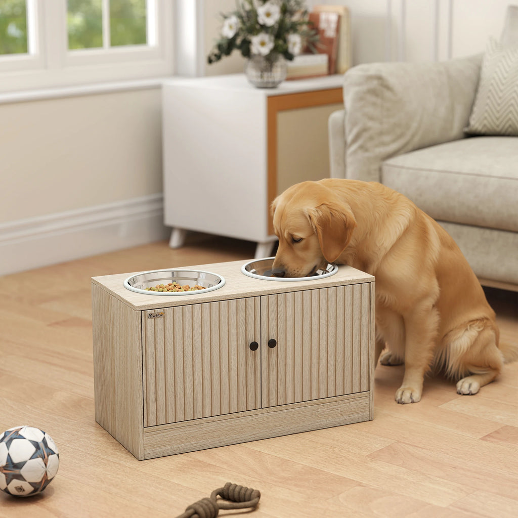 Meuble Gamelles Surélevées pour Grand Chien avec Rangement 40L