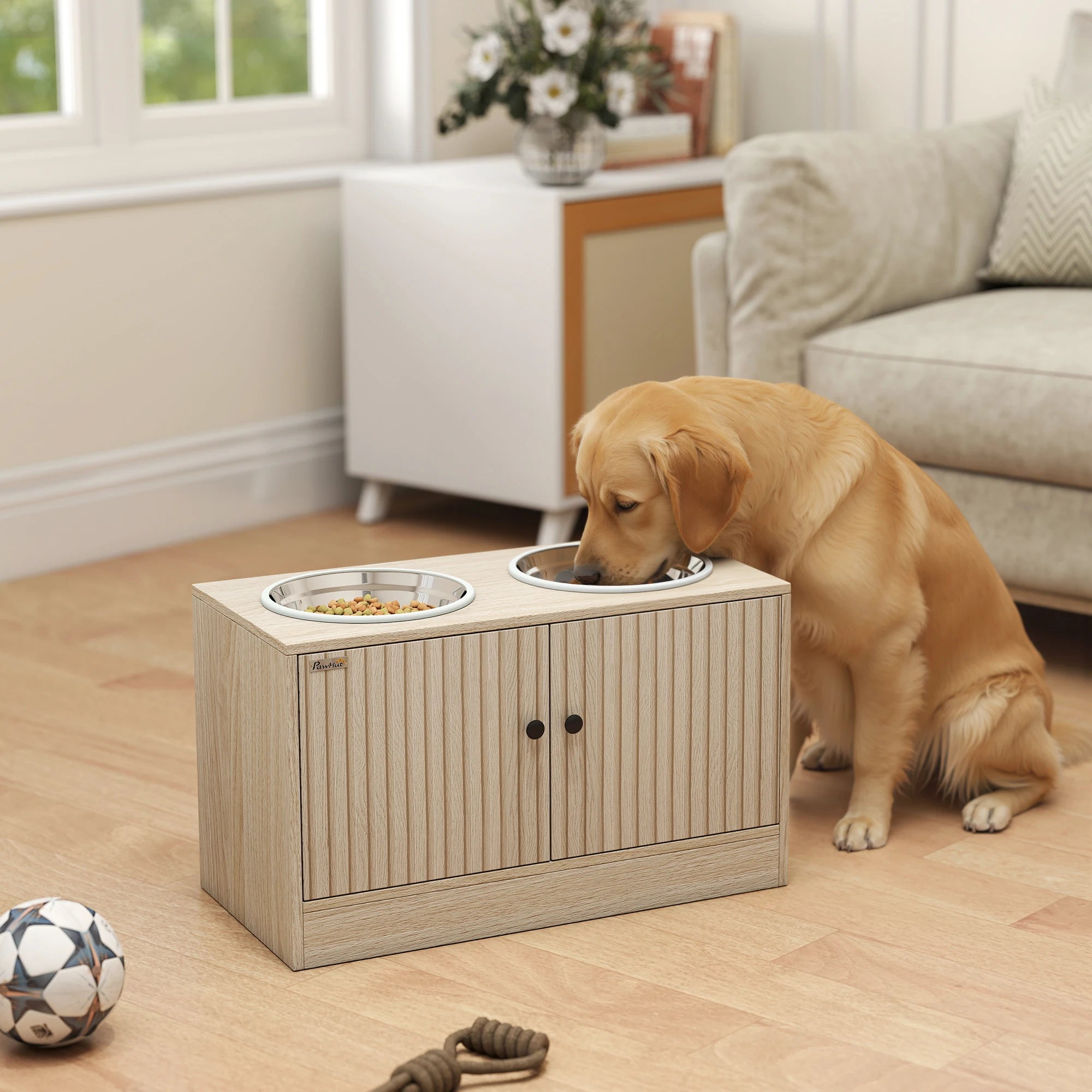 Meuble Gamelles Surélevées pour Grand Chien avec Rangement 40L