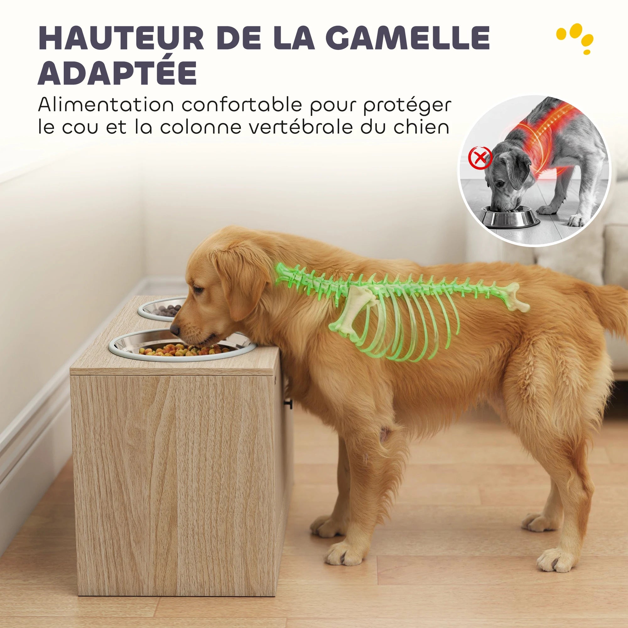Meuble Gamelles Surélevées pour Grand Chien avec Rangement 40L