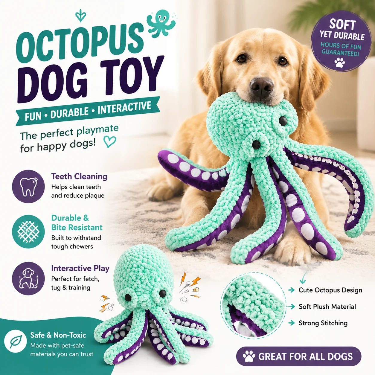 Peluche Pieuvre Sonore pour Chien - Jouet Anti-Ennuit