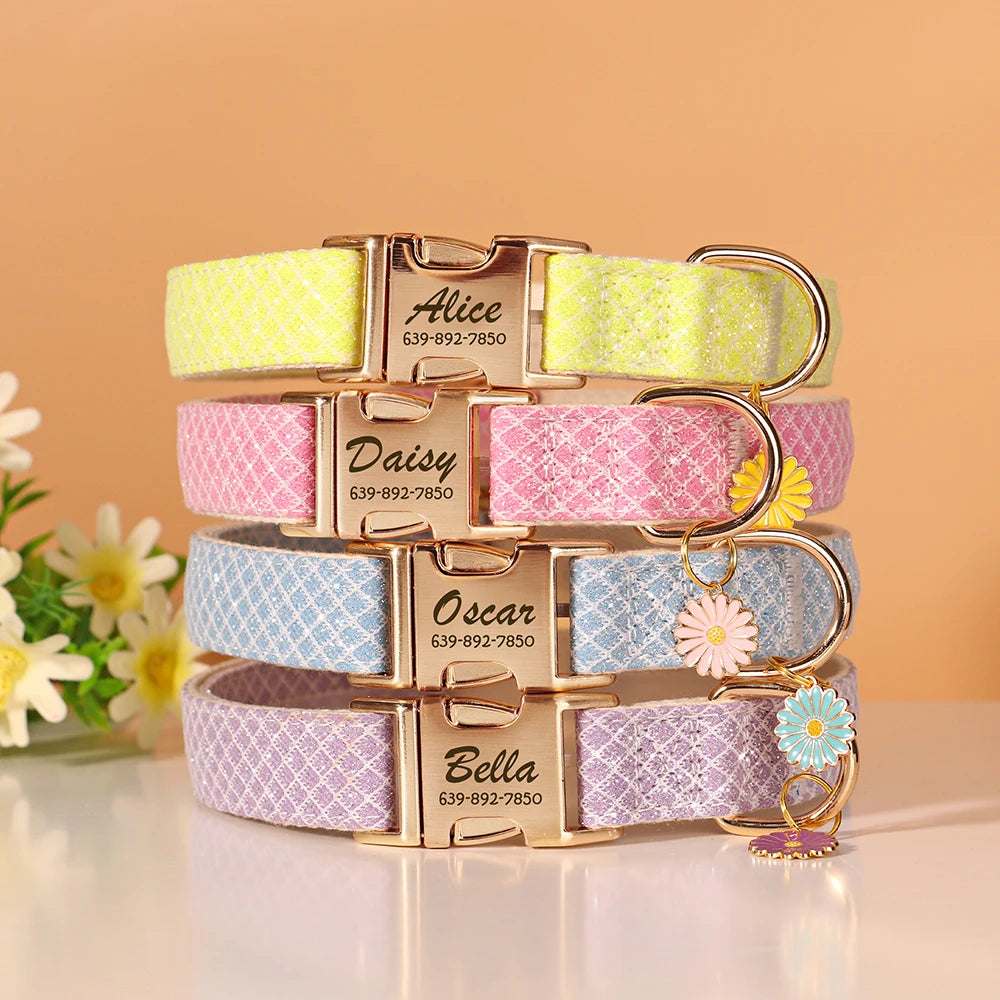 Collier Chien Personnalisé Gravé avec Nom - Nylon Fleur Bling