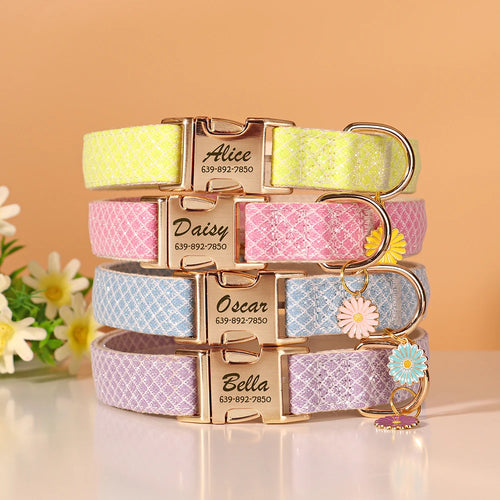 Collier Chien Personnalisé Gravé avec Nom - Nylon Fleur Bling