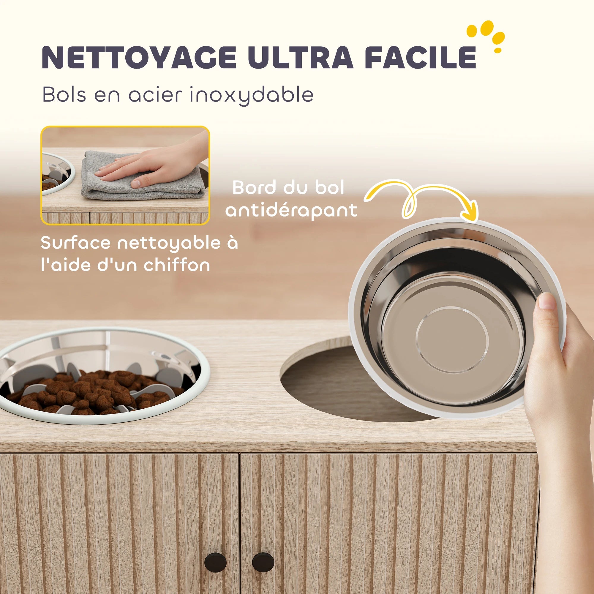 Meuble Gamelles Surélevées pour Grand Chien avec Rangement 40L